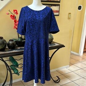 Land’s End Women’s Elegant Blue &  Black Velvet Floral Pattern Fit n Flare Dress